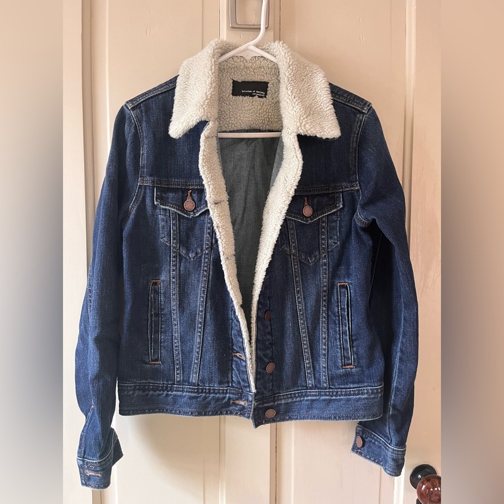 Articles of Society Dark Denim Jacket with Shearling Collar and Trim -Small